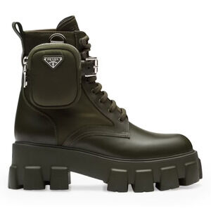 Prada Monolith Green Leather Nylon Pouch Lug Sole Lace Up Hiking Combat Boot 40